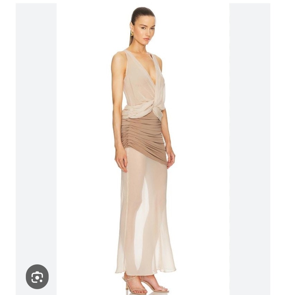 L'Academie Sleeveless Two Tone Beige Tan Chiffon Overlay Formal Evening Gown S M